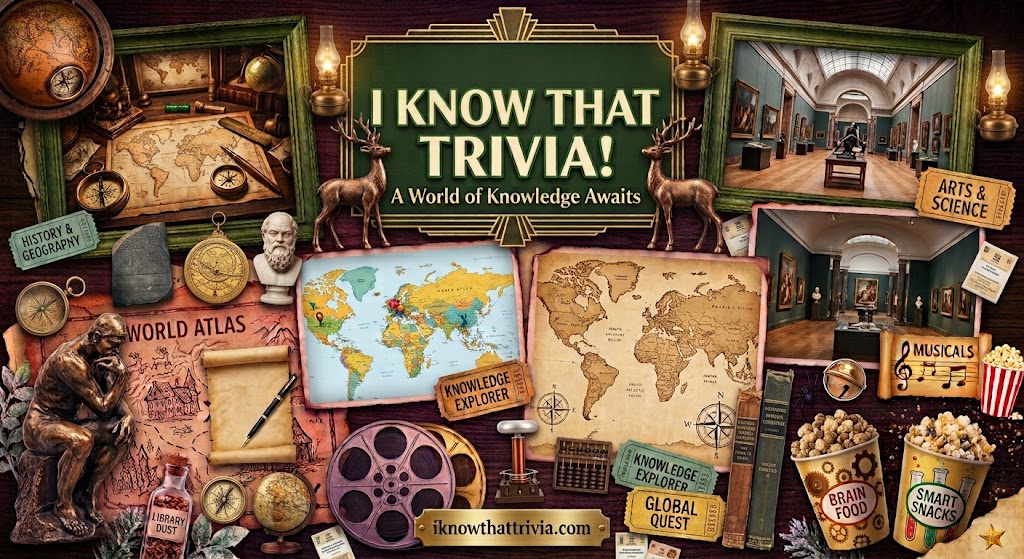 I Know That Trivia! A World of Knowledge Awaits: an art-deco title plate surrounded by world maps, an art gallery, a globe, compasses and trivia ticket stubs